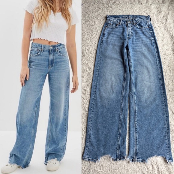 American Eagle Super High Rise Baggy Wide Leg Jeans Light Distressed raw hem0 - Picture 13 of 13